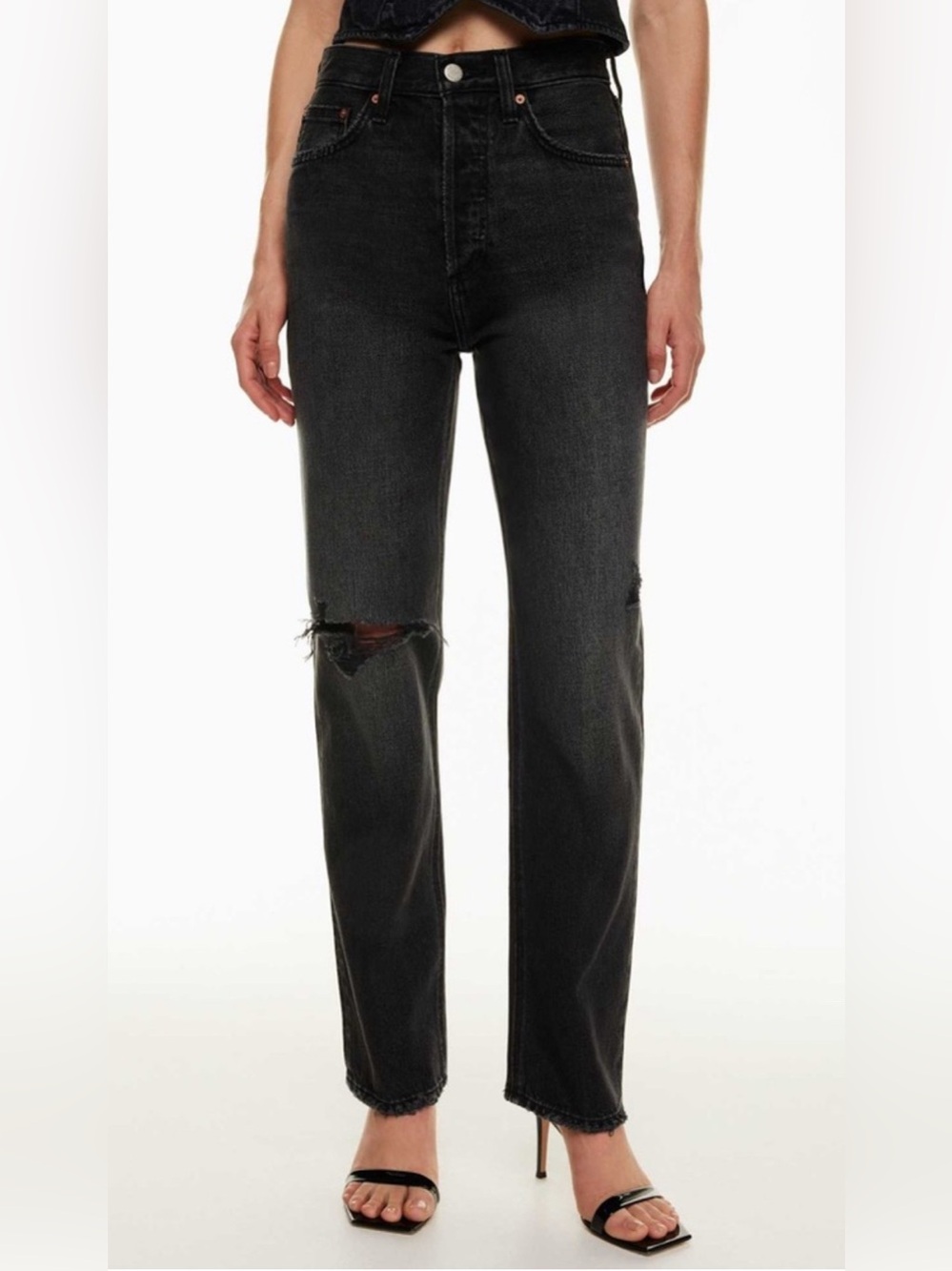 Denim Forum The Joni High Rise Loose 30L in Black Liquorice Destroy - Size 26